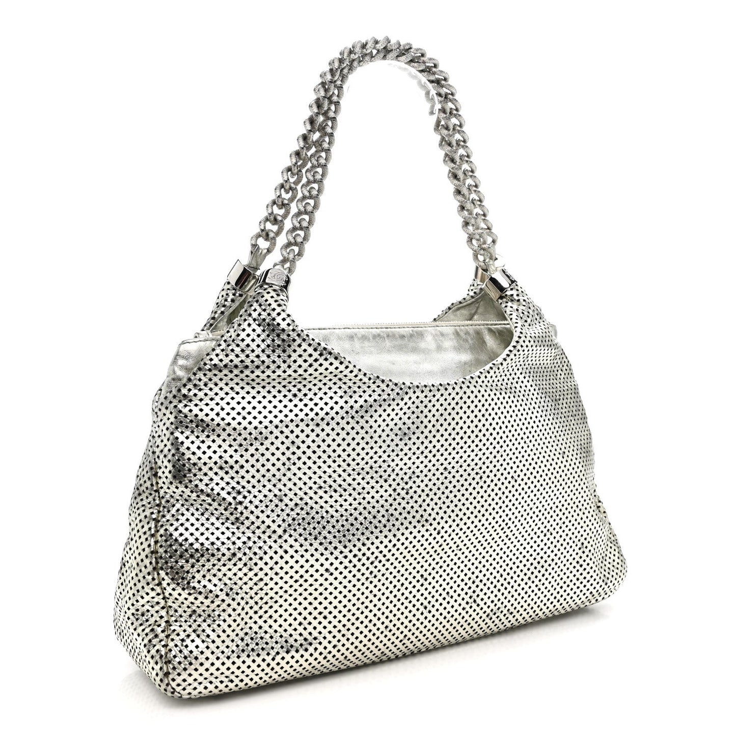 Metallic Glazed Calfskin Perforated Rodeo Drive Hobo Silver
