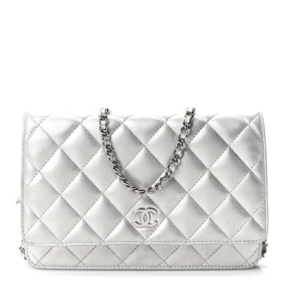 Metallic Lambskin Quilted Wallet On Chain WOC Silver