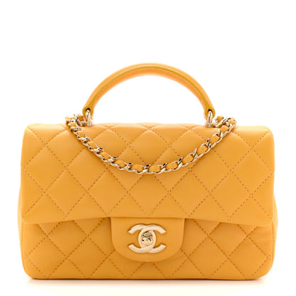 Lambskin Quilted Mini Top Handle Rectangular Flap Yellow