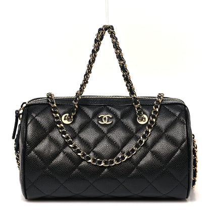 Caviar Quilted Barrel Clutch With Chain Black