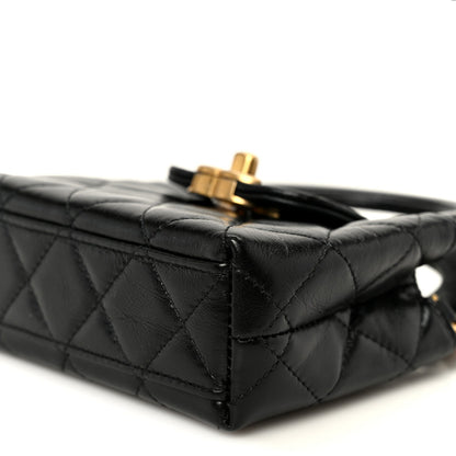 Shiny Aged Calfskin Quilted Mini Nano Kelly Shopper Black