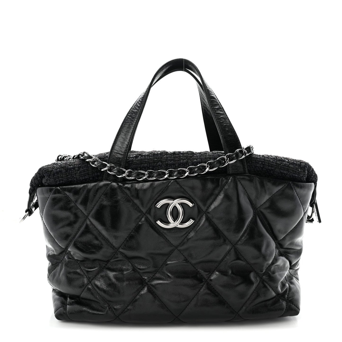 Glazed Calfskin Quilted Tweed Portobello Tote Black