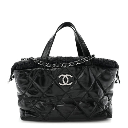 Glazed Calfskin Quilted Tweed Portobello Tote Black