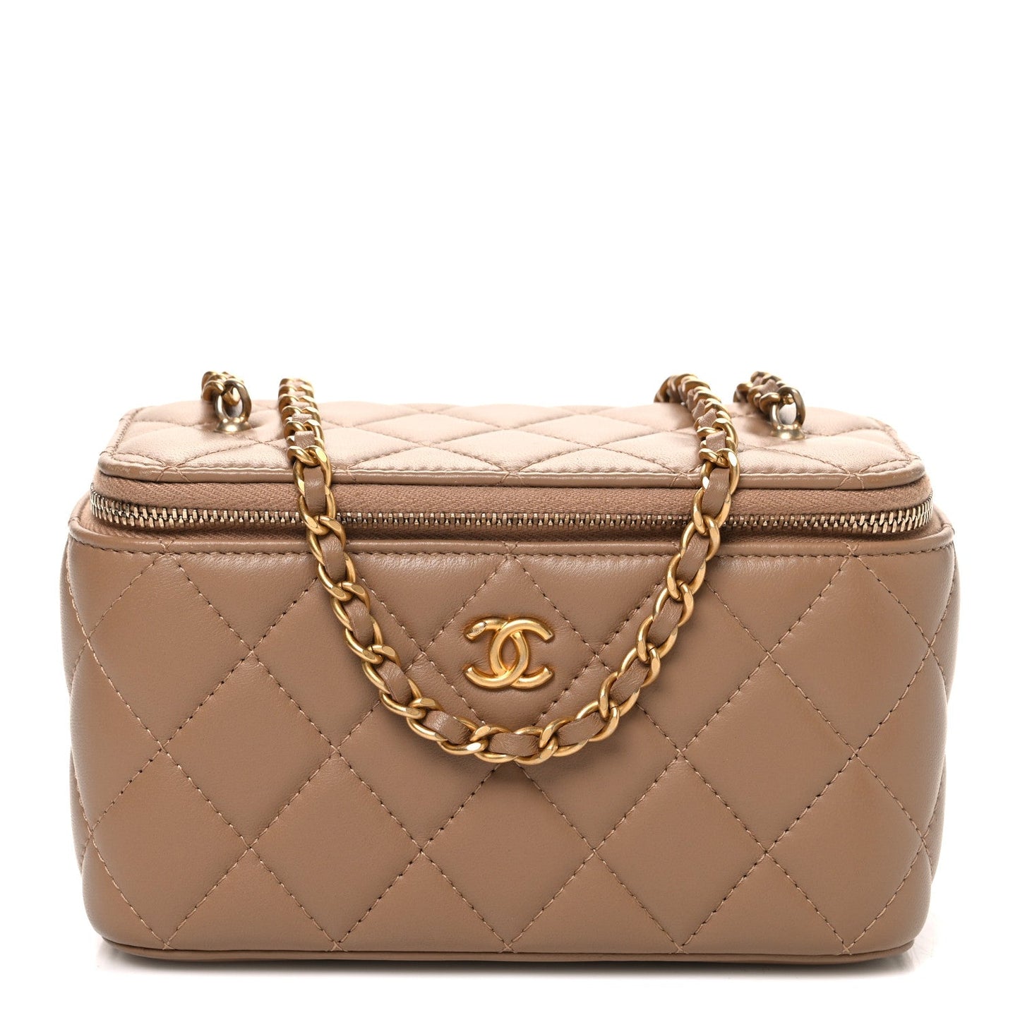 Lambskin Quilted Pearl Crush Small Vanity Case With Chain Beige