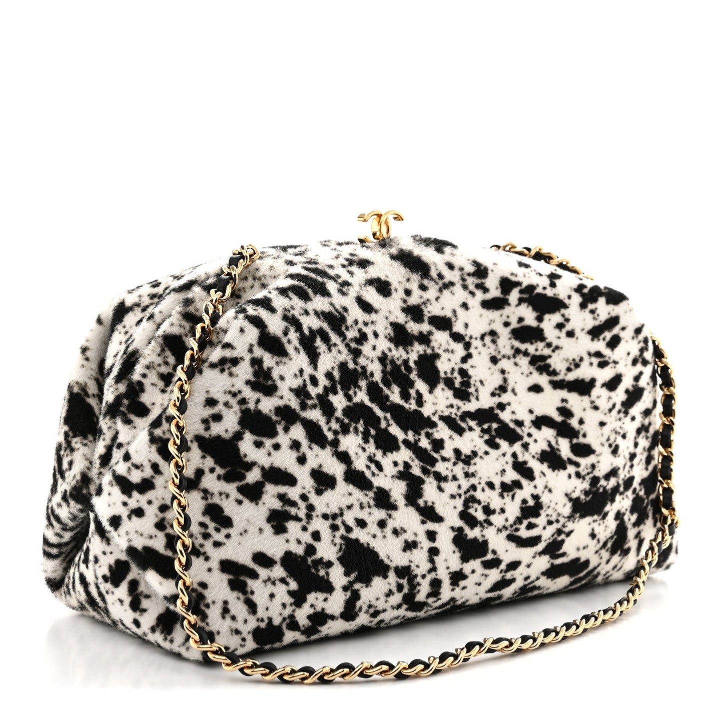 Lambskin Pony Hair Printed Clutch With Chain Black White