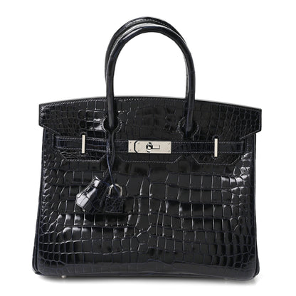Shiny Porosus Crocodile Birkin 30 Bleu Marine