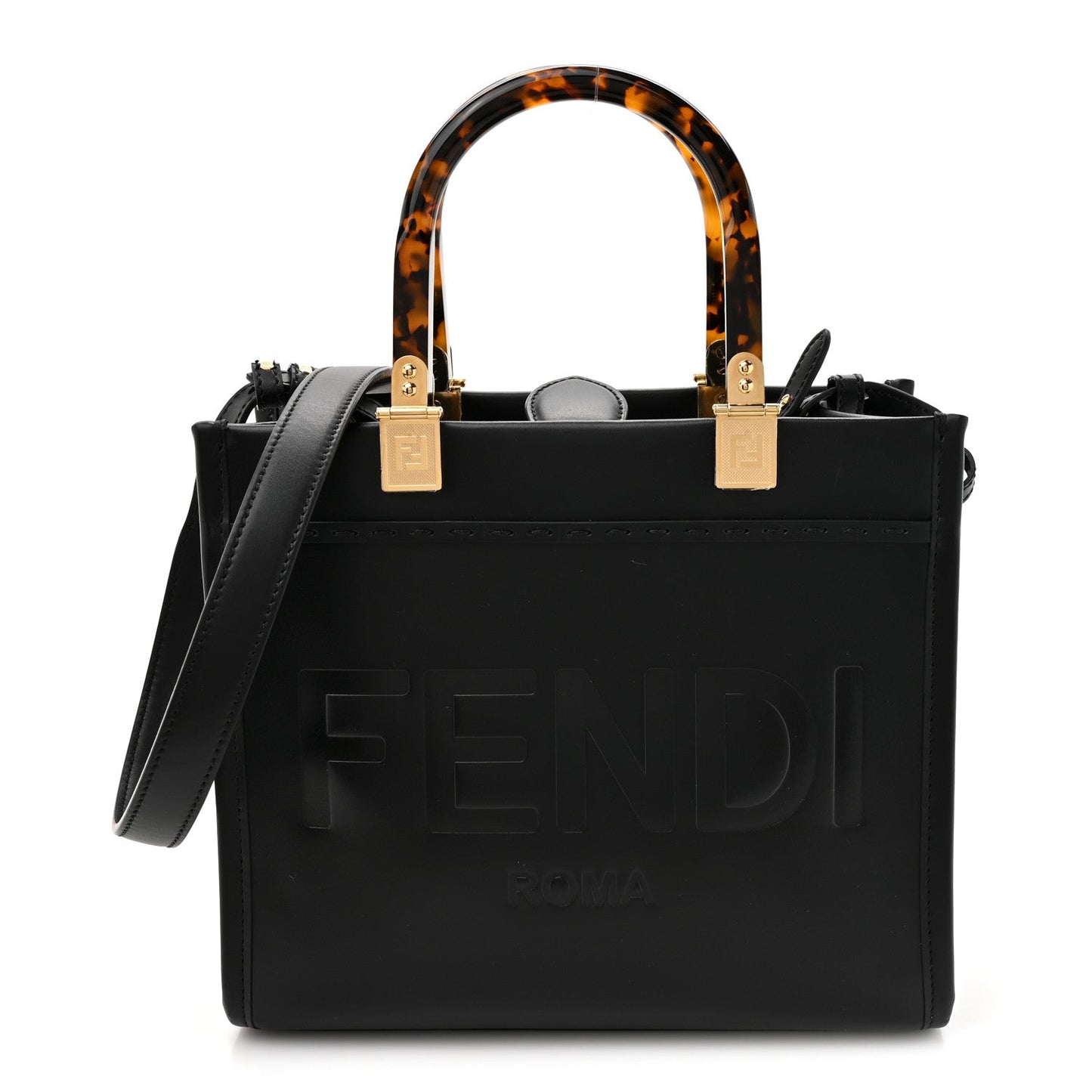 Vitello King Plexiglass Logo Embossed Small Fendi Sunshine Shopper Tote Black