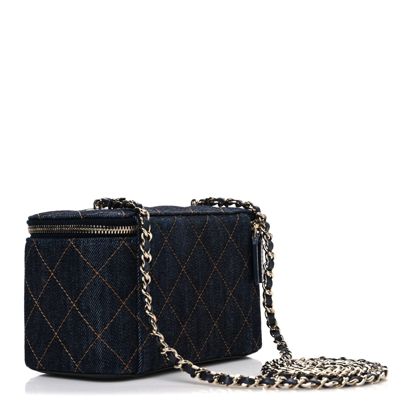 Denim Quilted Small Vanity Case With Chain Dark Blue Orange