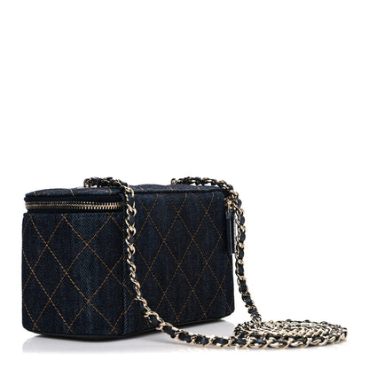 Denim Quilted Small Vanity Case With Chain Dark Blue Orange