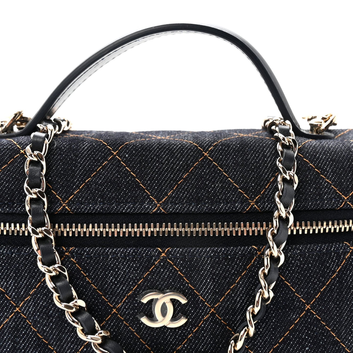 Denim Quilted Top Handle Slim Vanity Case With Chain Dark Blue Orange