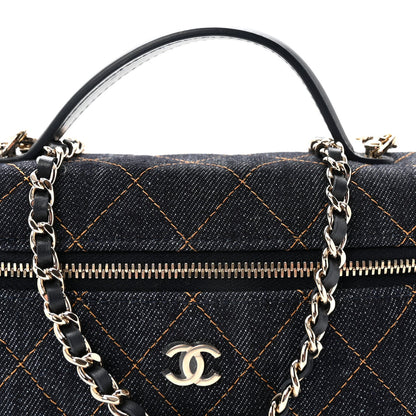 Denim Quilted Top Handle Slim Vanity Case With Chain Dark Blue Orange