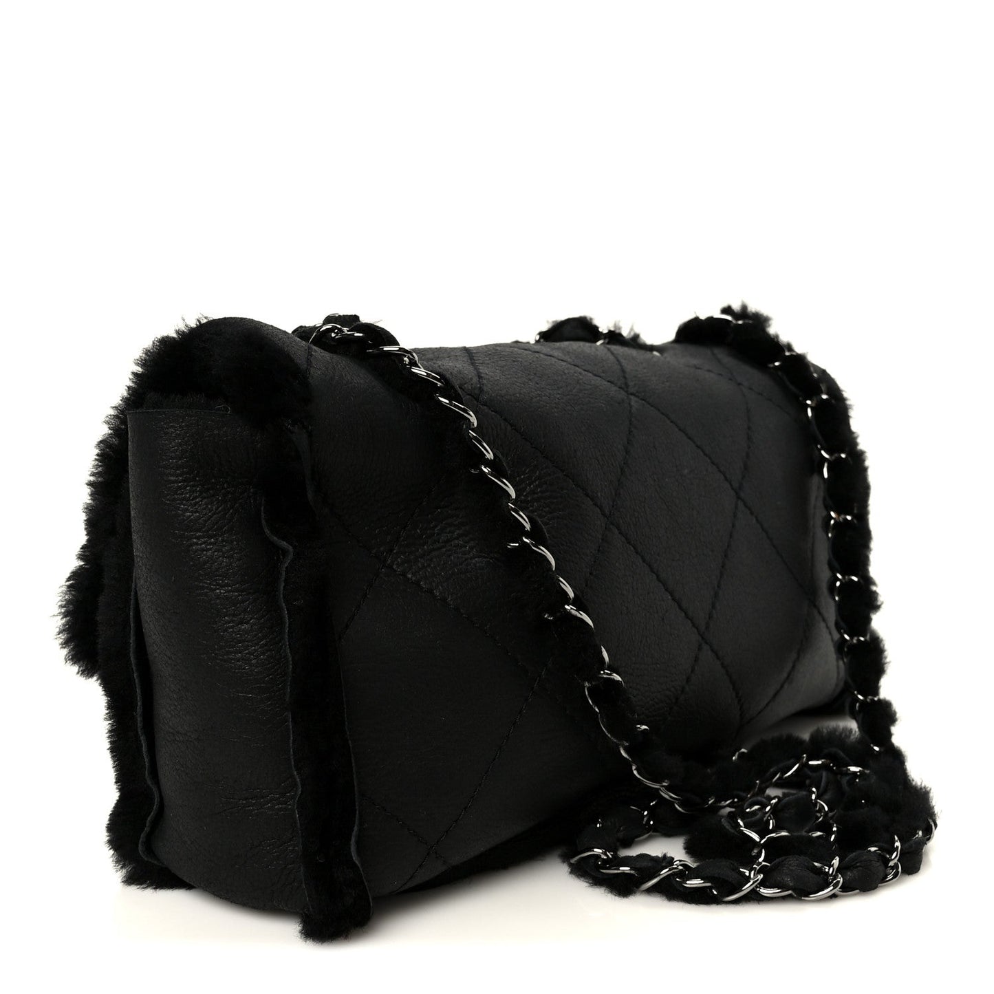 Shearling Quilted Medium Single Flap Black