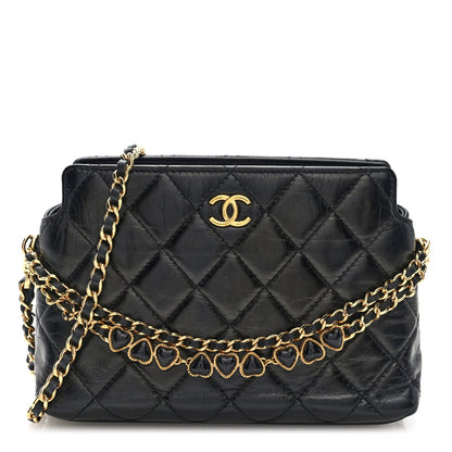 Shiny Crumpled Calfskin Quilted Clutch With Chain Black