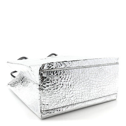 Crackled Mirror Calfskin Logo North South Shopper Tote XXS Silver