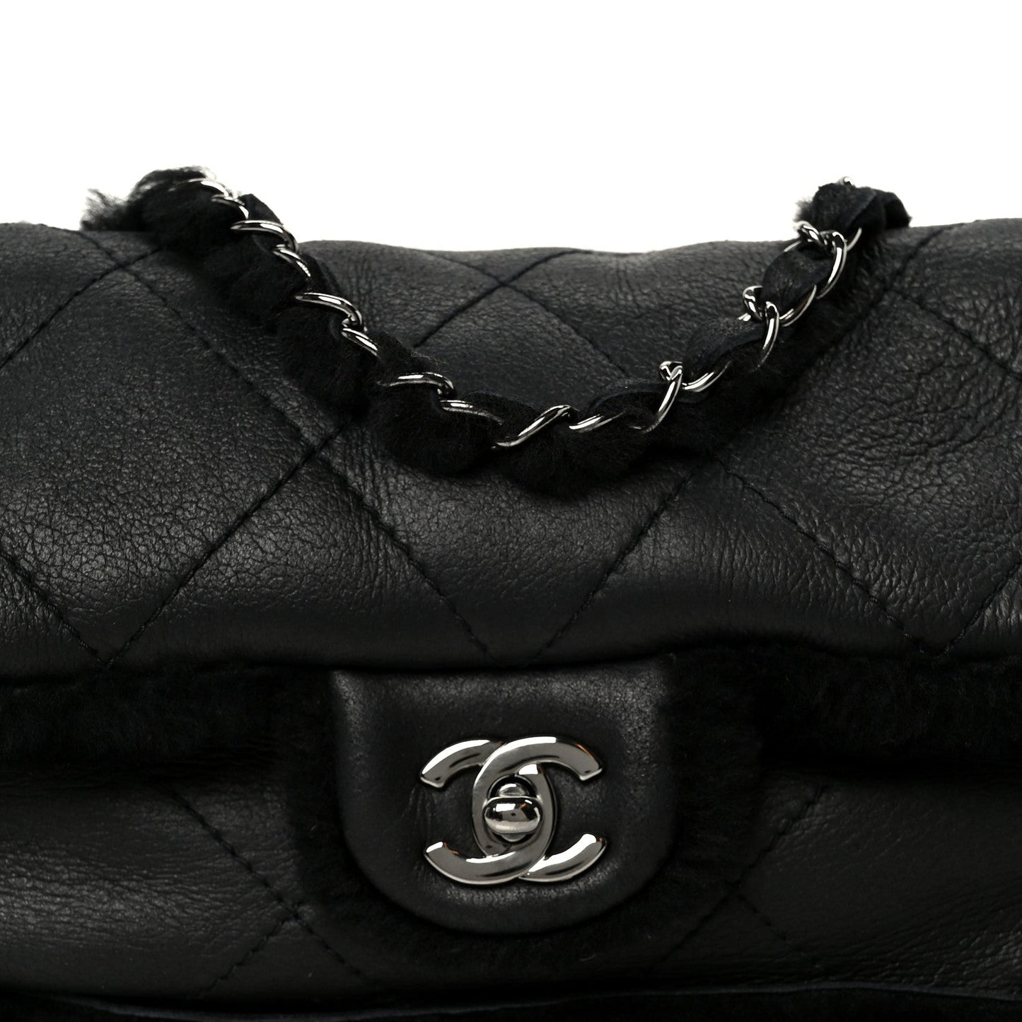 Shearling Quilted Medium Single Flap Black