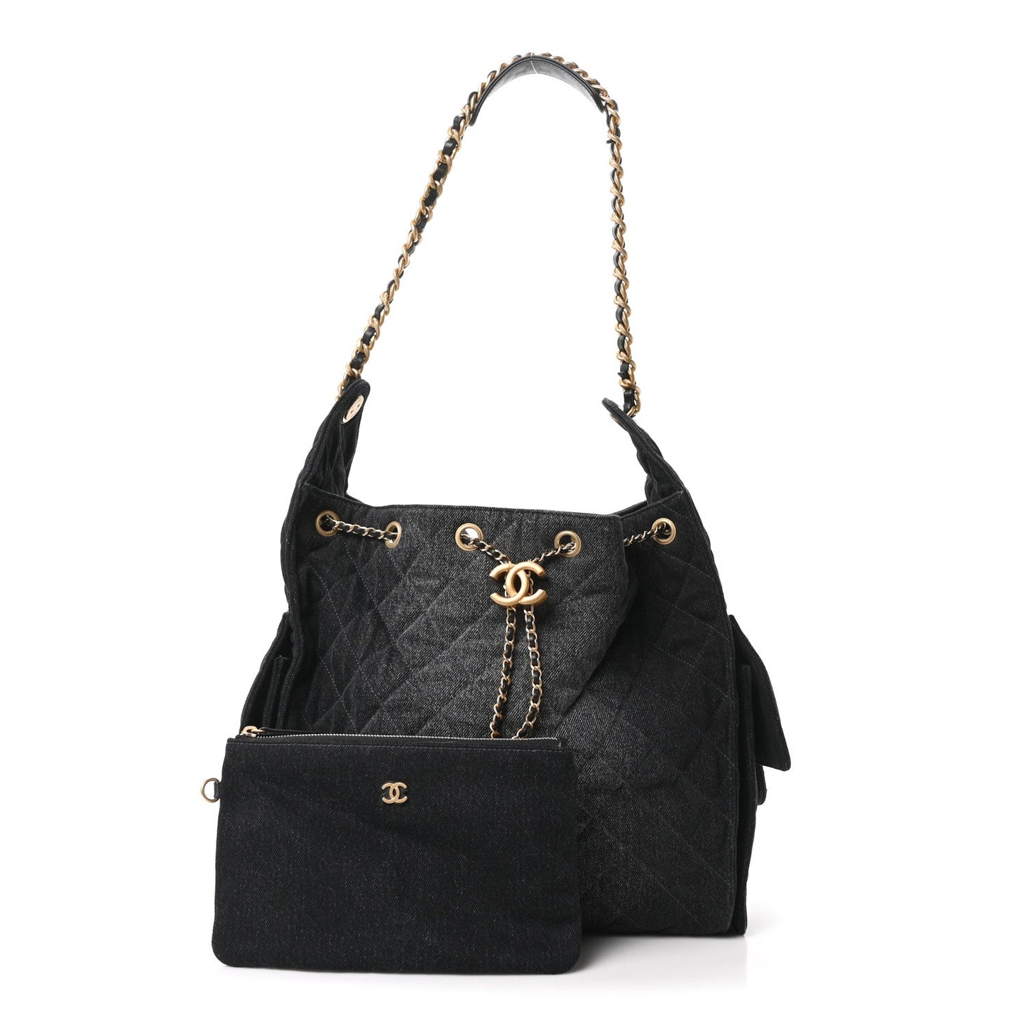 Washed Denim Quilted Medium Chanel 25 Handbag Black