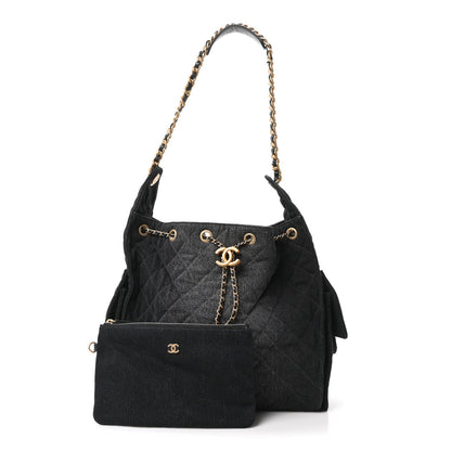Washed Denim Quilted Medium Chanel 25 Handbag Black