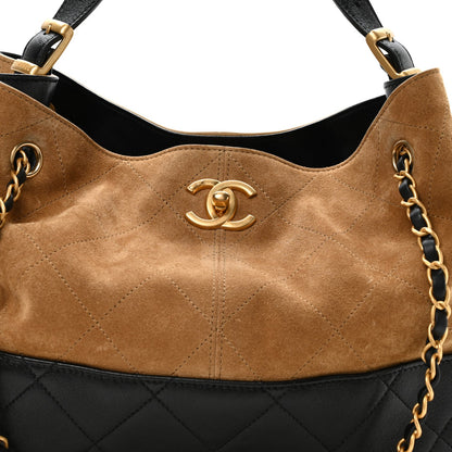 Suede Calfskin Shiny Lambskin Quilted Small Coco Base Shopping Bag Beige Black