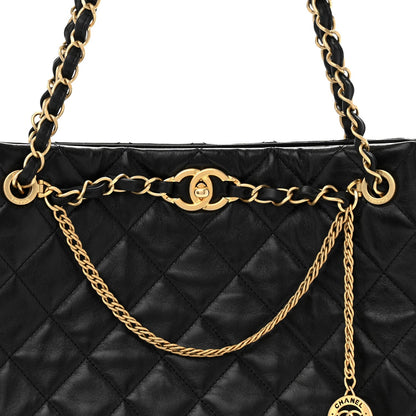 Shiny Calfskin Quilted Fancy Jewel Tote Bag Black