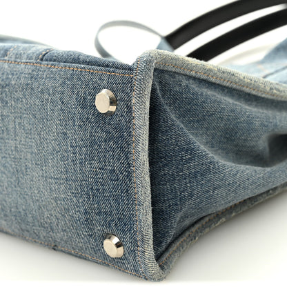 Washed Frayed Denim Logo Medium Hardware Tote Blue