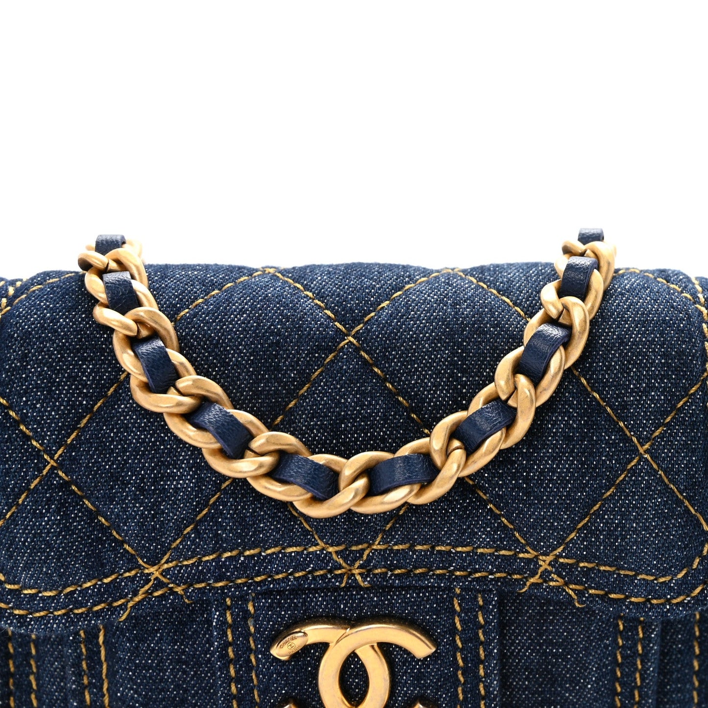 Denim Quilted Double You Card Holder On Chain Blue