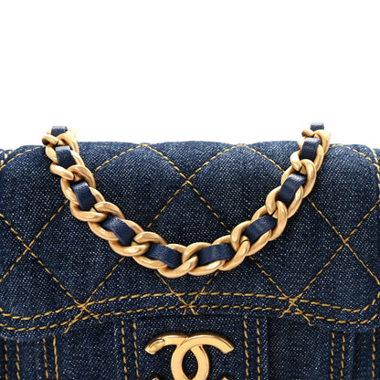 Denim Quilted Double You Card Holder On Chain Blue