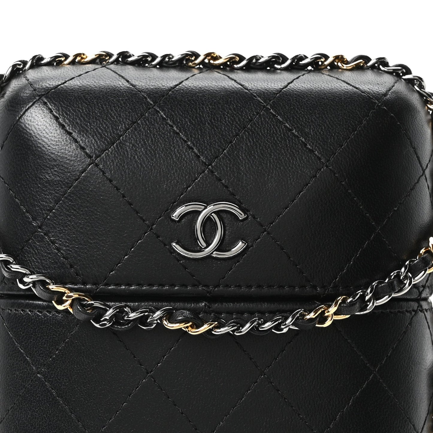 Lambskin Quilted Chain Around Phone Holder Black