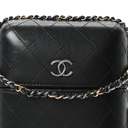 Lambskin Quilted Chain Around Phone Holder Black