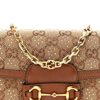 New Canvas Charisma Calfskin Crystal GG Monogram Mini Horsebit 1955 Shoulder Bag Camel Ebony