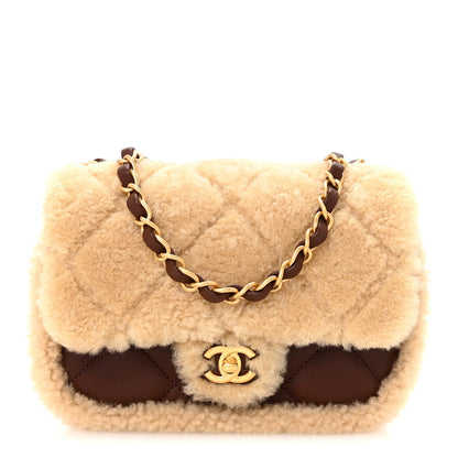 Shearling Lambskin Quilted Mini Furry Coco Flap Beige Dark Brown