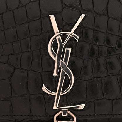 Calfskin Crocodile Embossed Small Classic Monogram Kate Tassel Satchel Black