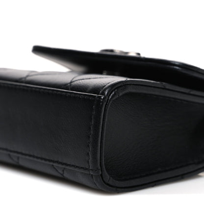 Lambskin Quilted Mini Metal Top Handle Flap Clutch With Chain  Black