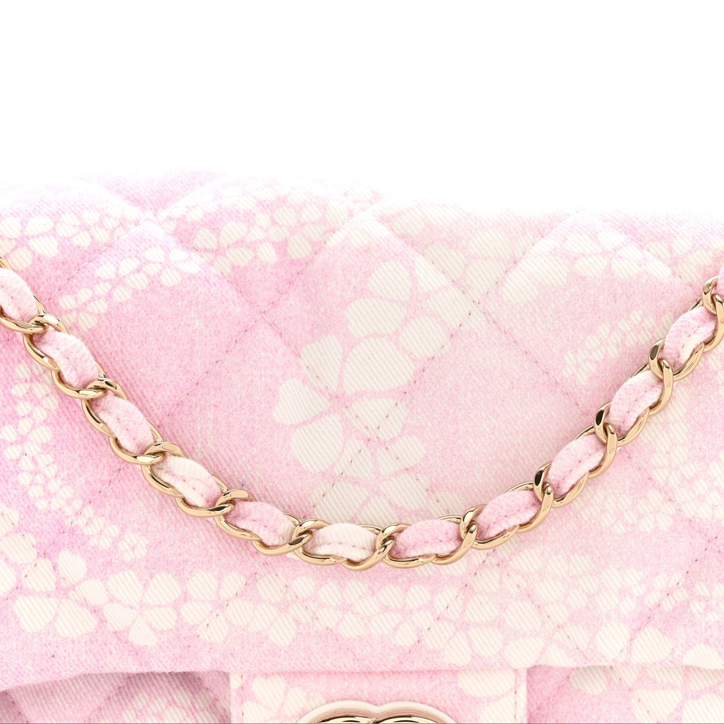Printed Denim Quilted Medium Single Flap Bag Pink White