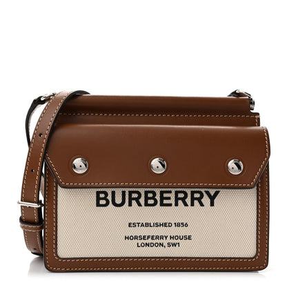 Smooth Calfskin Canvas Horseferry Print Mini Title Bag with Pocket Natural Malt Brown