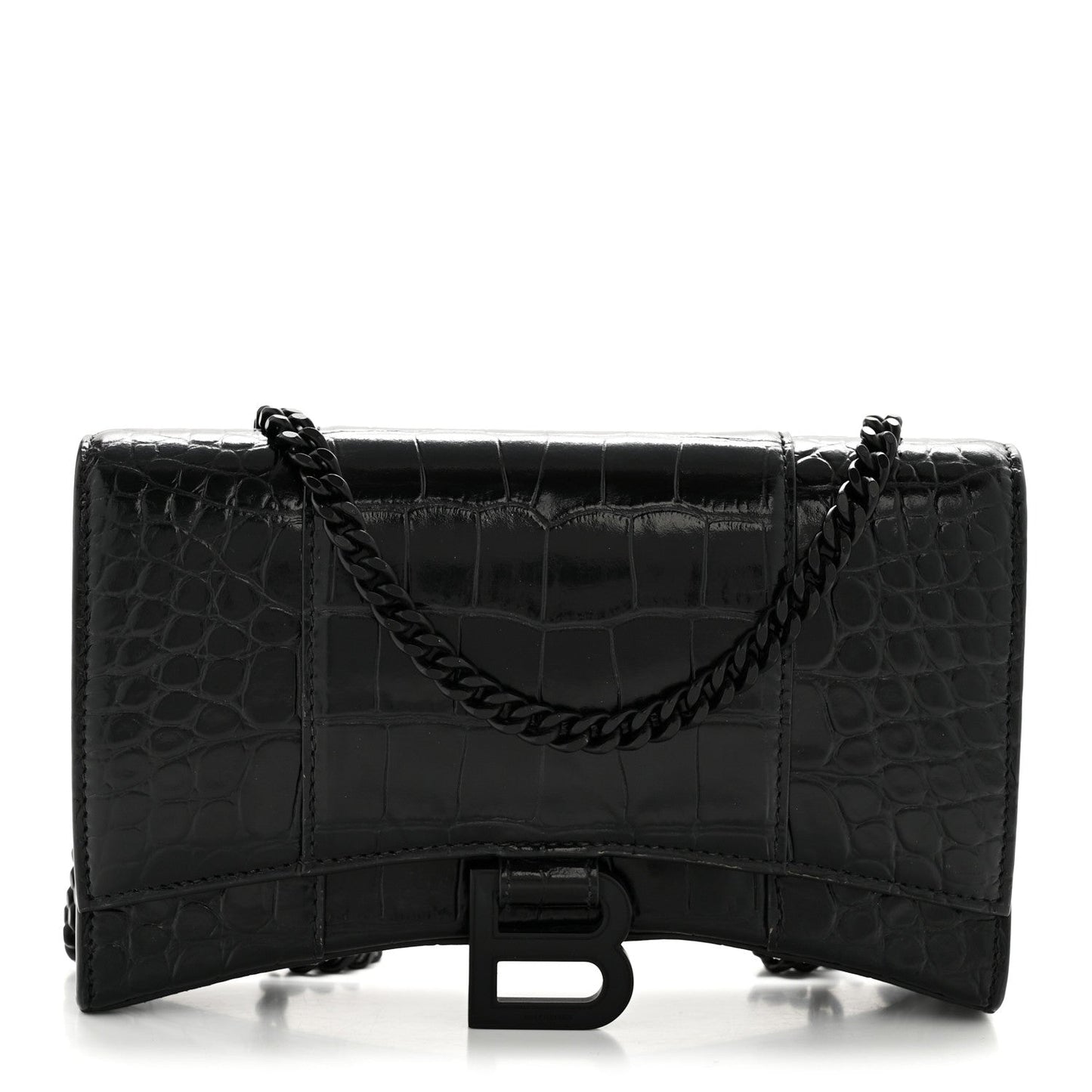 Shiny Calfskin Monochrome Crocodile Embossed Hourglass Chain Bag Black