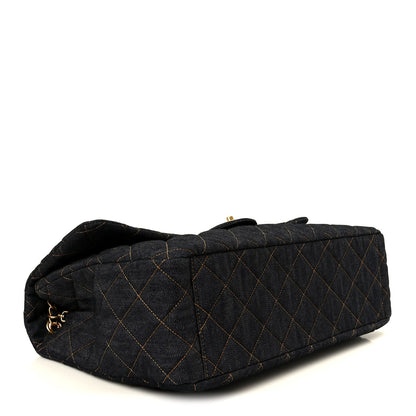 Denim Quilted XXL Travel Flap Bag Dark Blue Orange