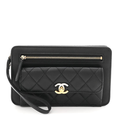 Lambskin Quilted Front Pocket Wristlet Black