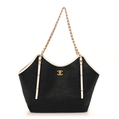 Calfskin Raffia Braided Small Shopping Tote Black White