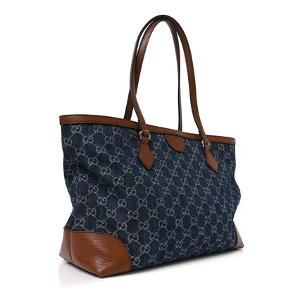 New Denim GG Monogram Medium Ophidia Shopping Tote Blue Tea Cuir