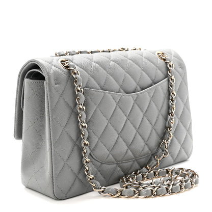 Caviar Quilted Medium Double Flap Grey