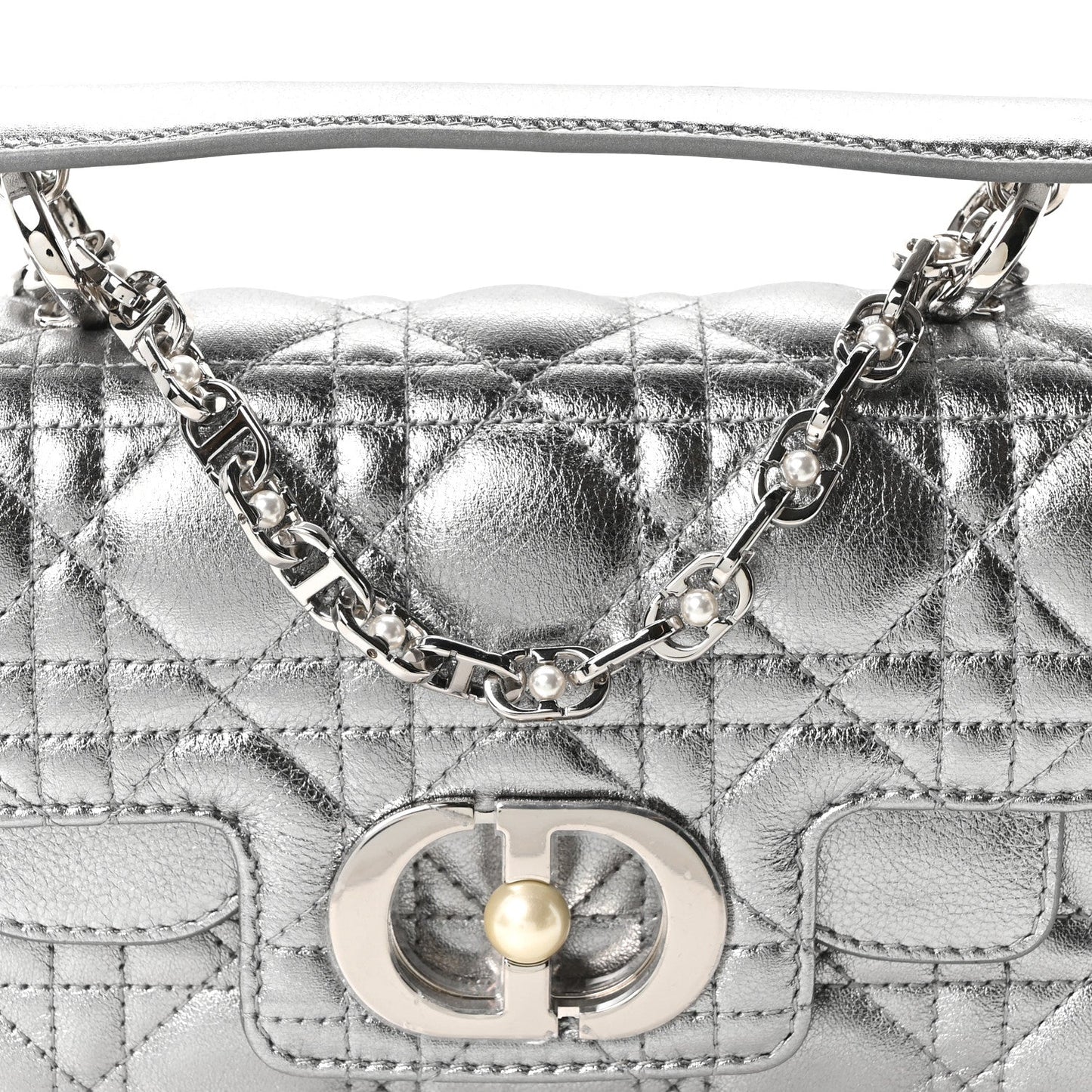 Metallic Lambskin Cannage Mini Jolie Top Handle Bag Silver