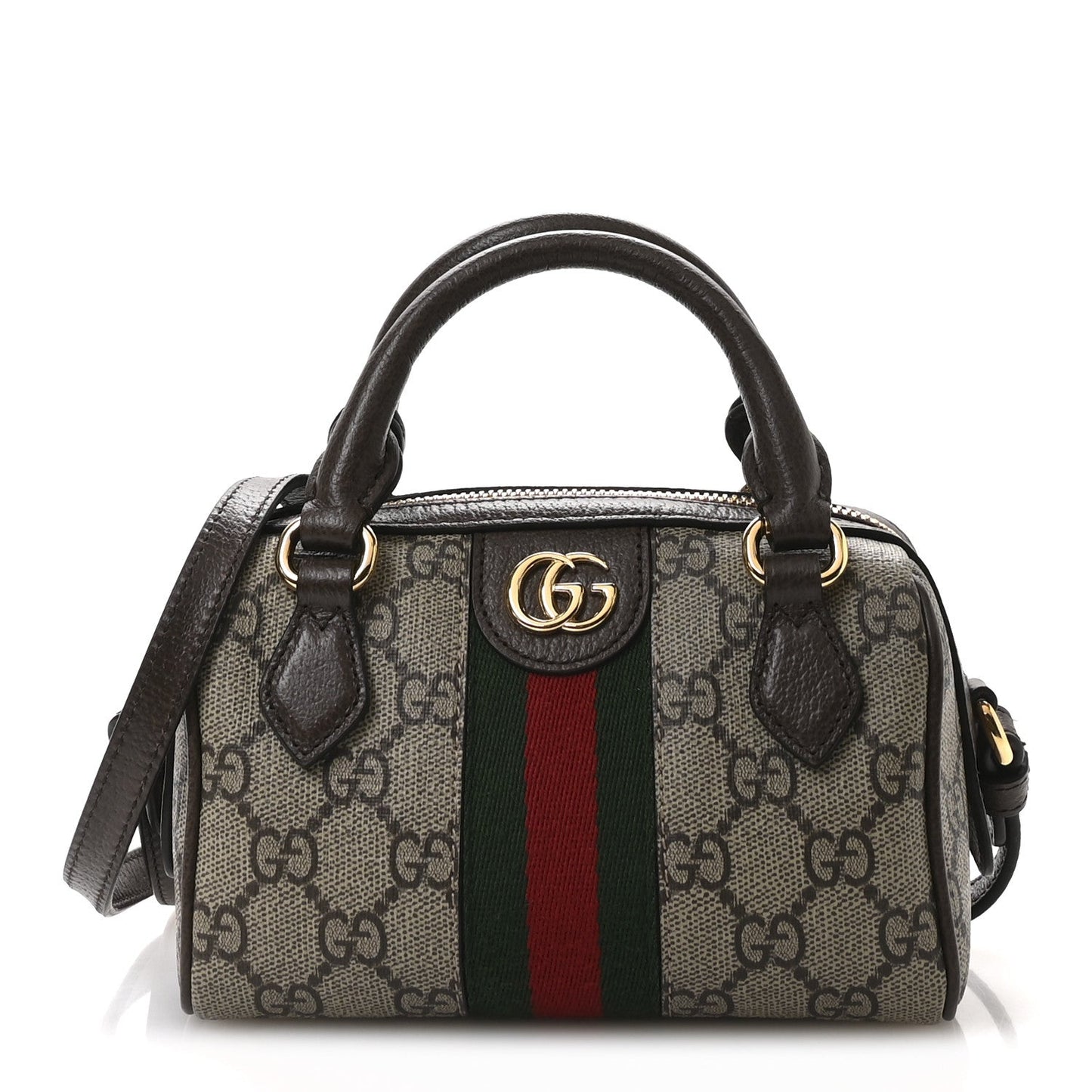 GG Supreme Monogram Textured Dollar Calfskin Web Super Mini Ophidia Top Handle Bowler Bag Beige Ebony New Acero
