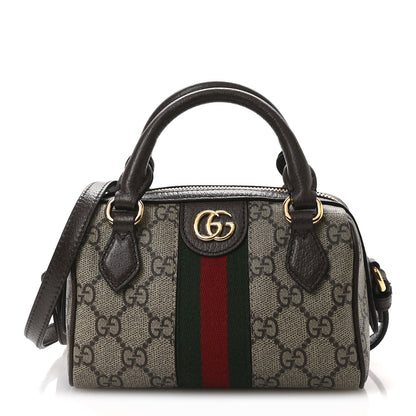 GG Supreme Monogram Textured Dollar Calfskin Web Super Mini Ophidia Top Handle Bowler Bag Beige Ebony New Acero