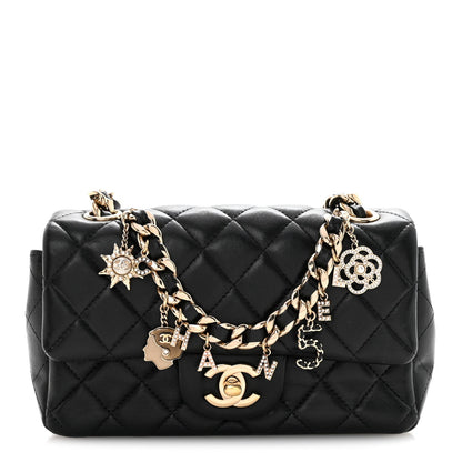 Lambskin Quilted Mini Coco Charms Rectangular Flap Black