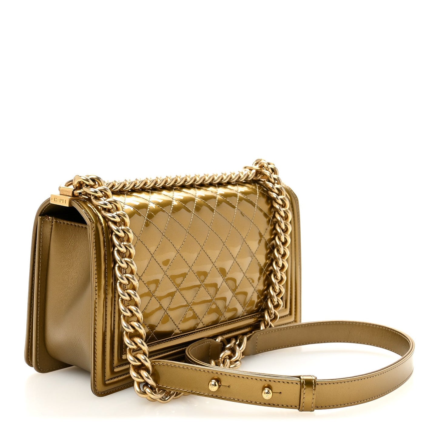 Metallic Patent Calfskin Quilted Medium Boy Flap Gold