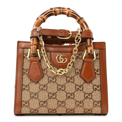 New Canvas Charisma Calfskin Crystal GG Monogram Mini Diana Tote Bag Camel Ebony