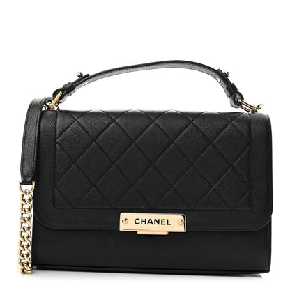 Grained Calfskin Quilted Medium Label Click Flap Bag Black