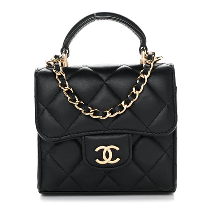 Lambskin Quilted Top Handle Flap Clutch With Chain Black