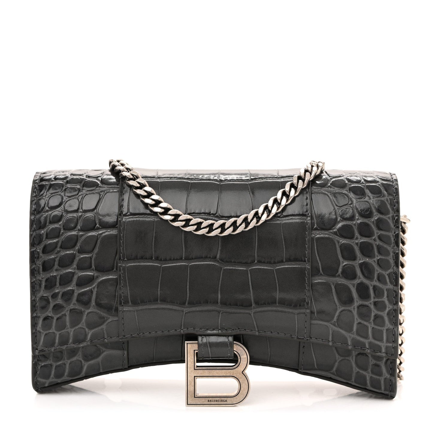 Shiny Calfskin Crocodile Embossed Hourglass Chain Bag Gris