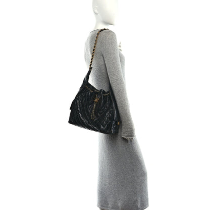 Shiny Crumpled Calfskin Quilted Medium Chanel 25 Handbag Black